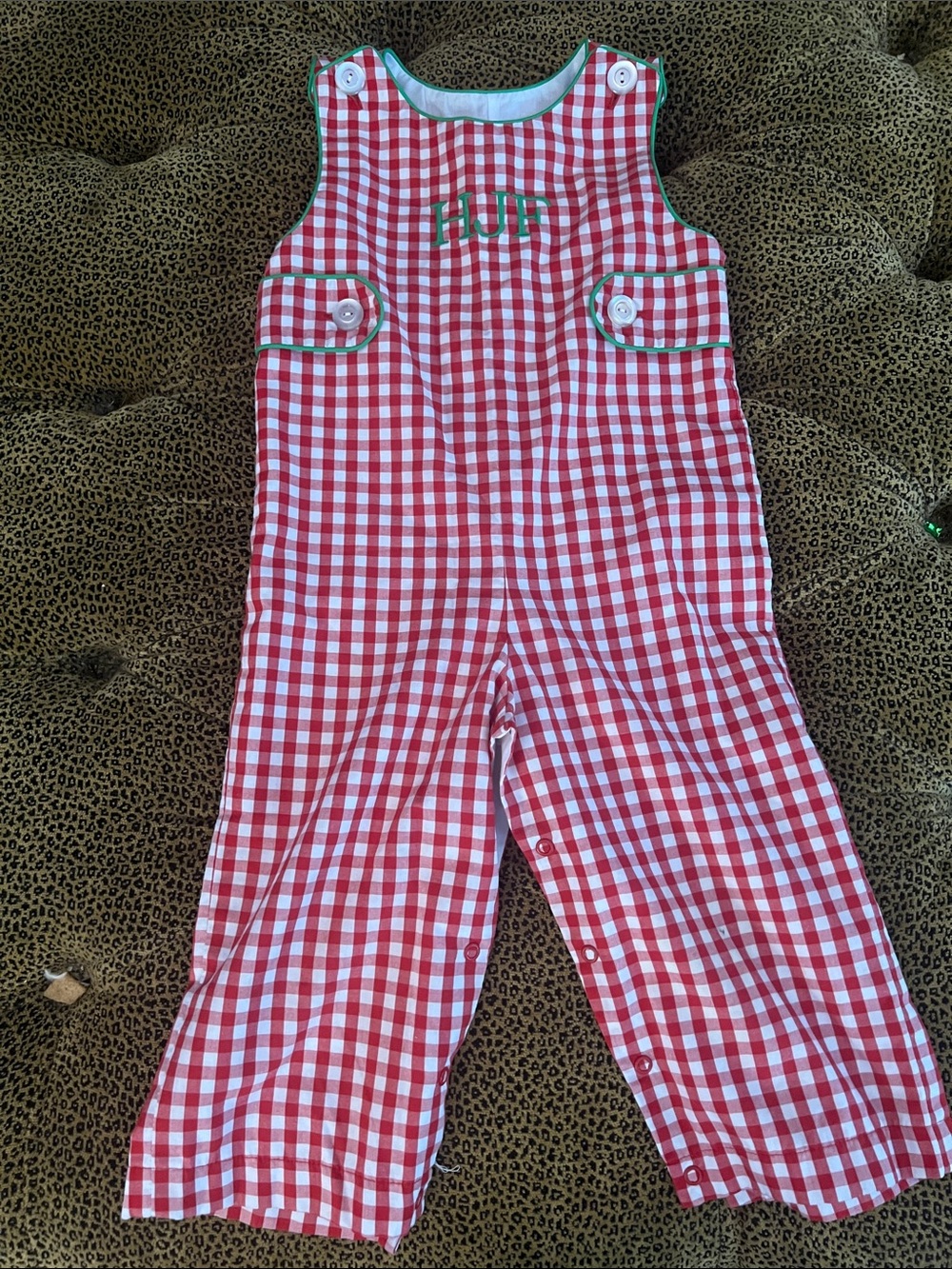 Eleanor Rose Red and White Gingham Overalls with Green Trim size 2T